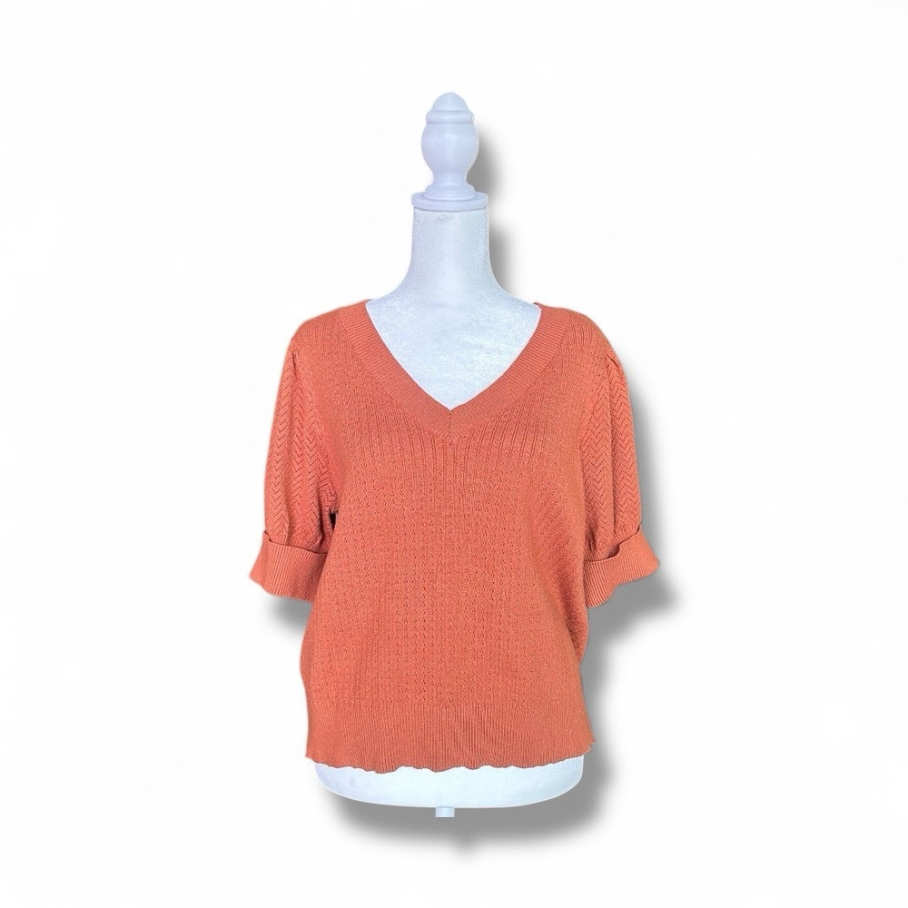 La Serein‎ Puff Sleeve Knit Top L Burnt Orange Cottagecore Fall Sweater Ribbed
